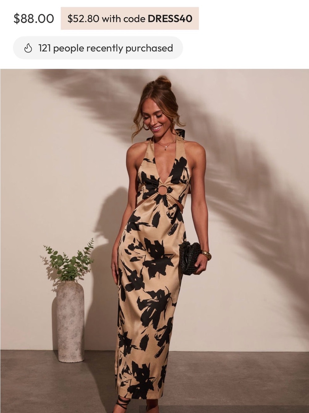 Beige and Black Halter Floral Maxi Dress with Ring Detail